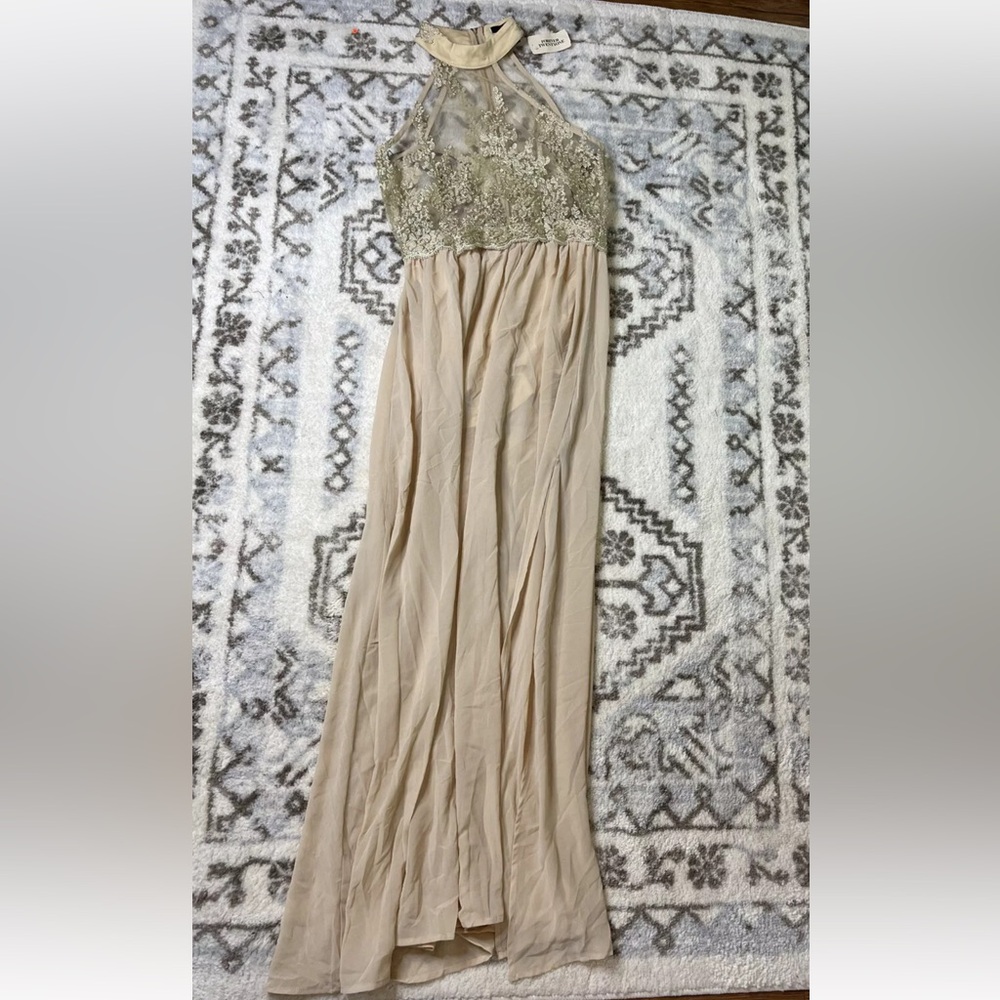 NWT Forever 21 Size L Sheer Top Hi Neck Gold Detail Long Formal Dress